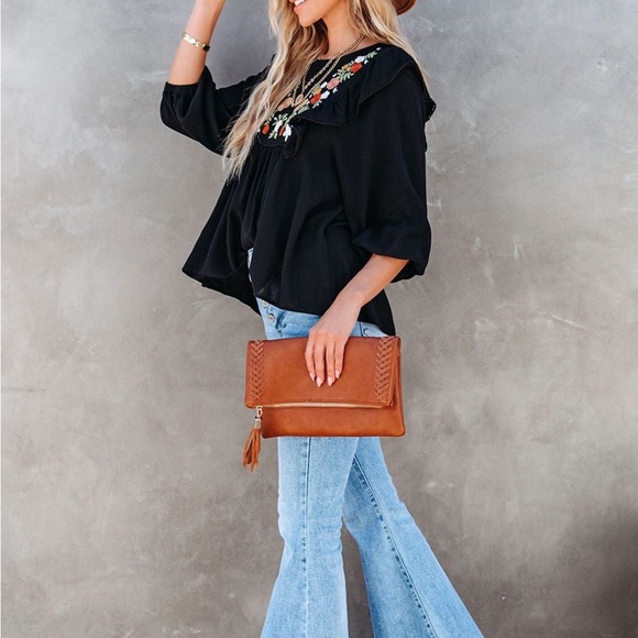 🔥🔥Black Bohemian Floral Embroidered Ruffled Babydoll Top - Picture 3 of 4